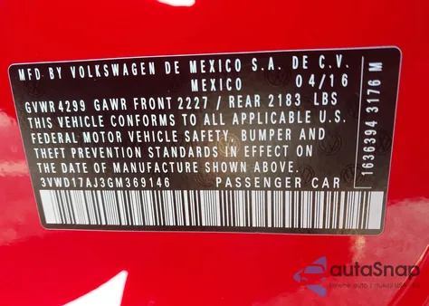 2016 Volkswagen Jetta 1.8T Sport from USA, damaged, VIN 3VWD17AJ3GM369146